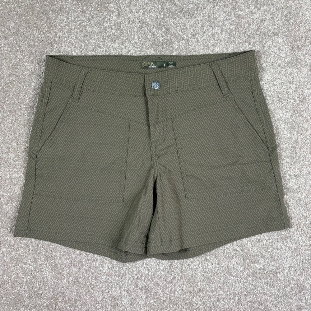 Prana Halle Nylon Shorts Womens 6 Olive Green Geometric Hiking Outdoor 5" Inseam